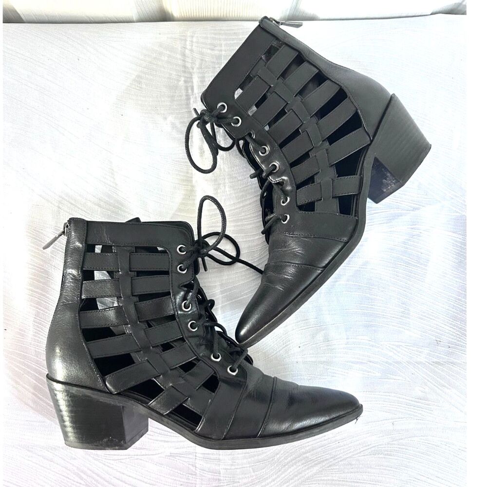 TREASURE & BOND Black Leather Woven Cutout Lace-up Ankle Boots - Size 8 - Picture 4 of 8